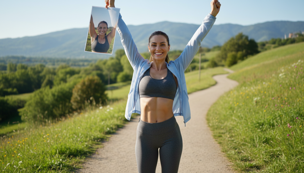 successful person celebrating healthy weight loss achievement
