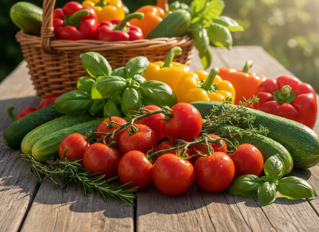 summer garden vegetables including ripe tomatoes, cucumbers and fresh herbs summer garden vegetables including ripe tomatoes, cucumbers and fresh herbs