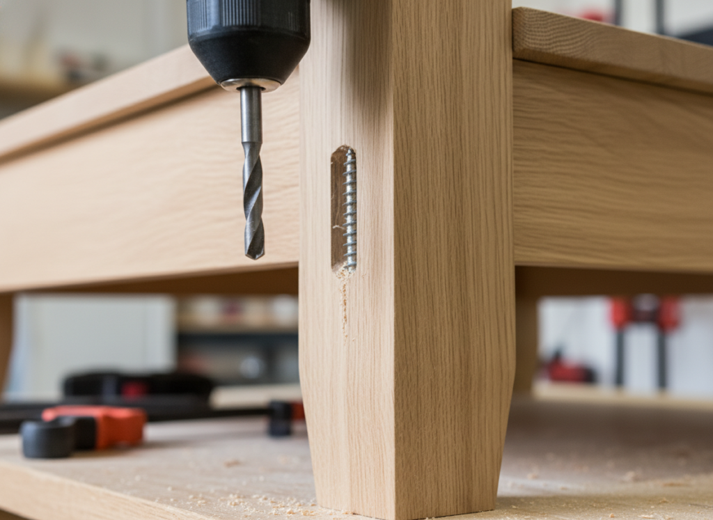 table leg being attached to base with pocket holes table leg being attached to base with pocket holes