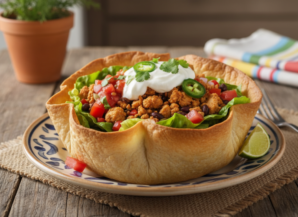 taco salad in tortilla bowl taco salad in tortilla bowl