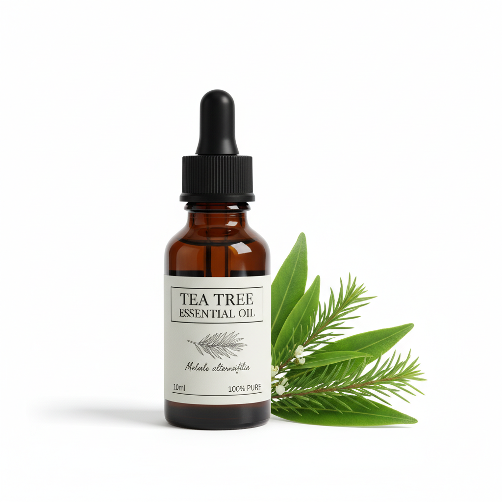 tea tree essential oil bottle with dropper for oral care