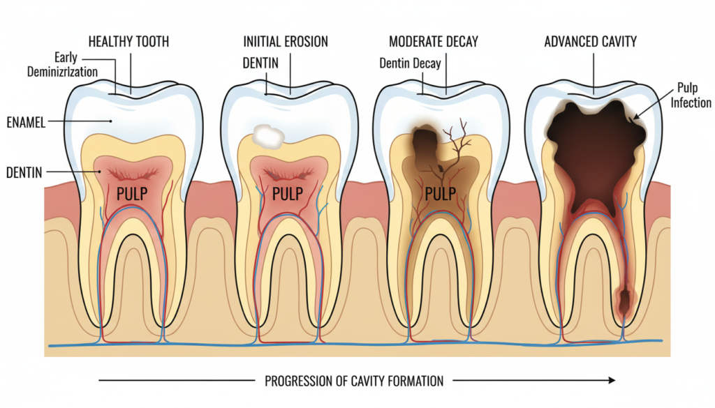 tooth enamel structure showing stages of cavity formation and decay process tooth enamel structure showing stages of cavity formation and decay process