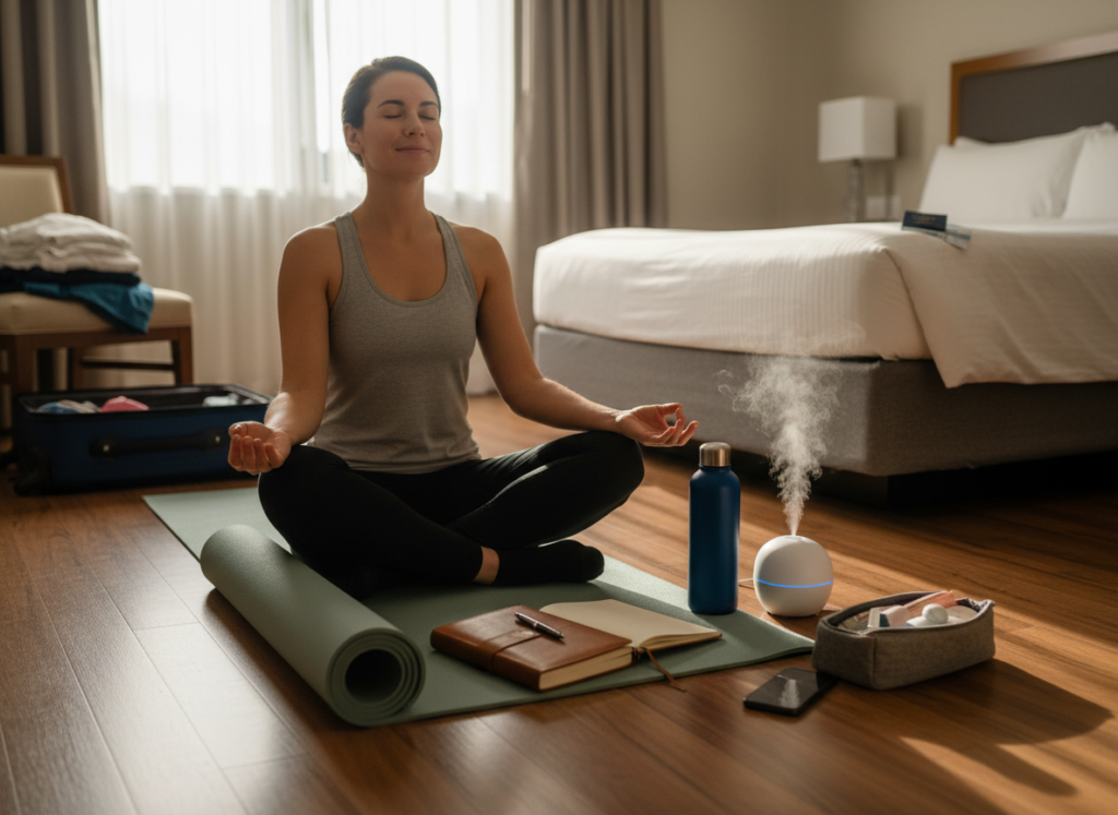 travel morning routine essentials in hotel room or on the go