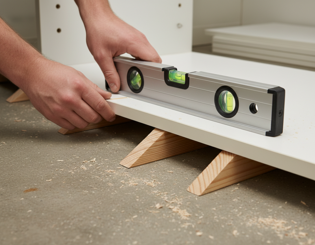 using shims to level closet organizer on uneven floor