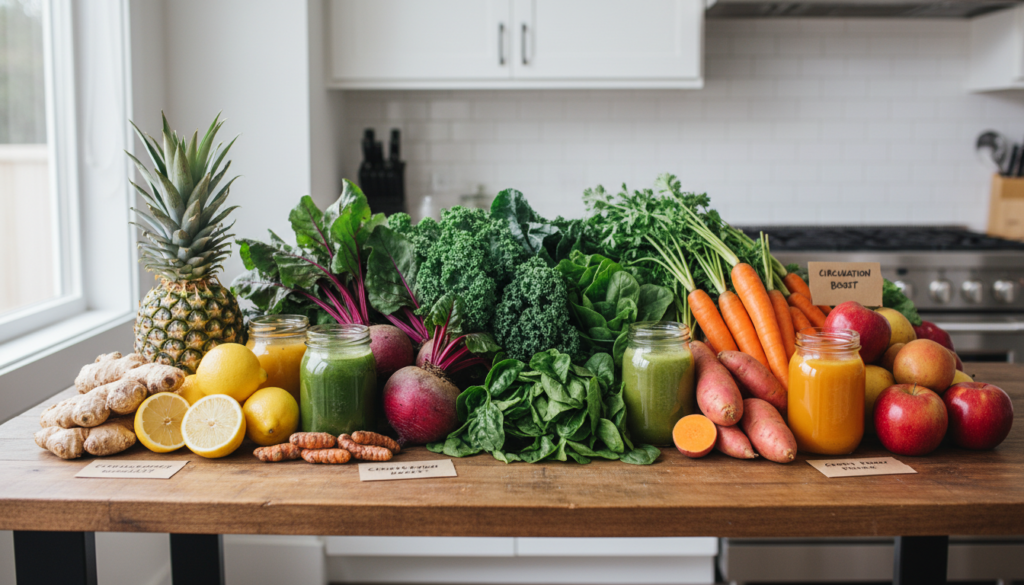 variety of anti-inflammatory juice ingredients including ginger turmeric pineapple leafy greens variety of anti-inflammatory juice ingredients including ginger turmeric pineapple leafy greens