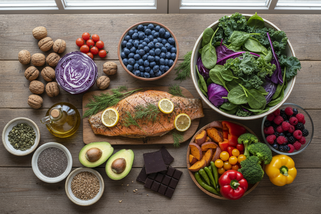 variety of brain-healthy foods including fish, nuts, and vegetables variety of brain-healthy foods including fish, nuts, and vegetables