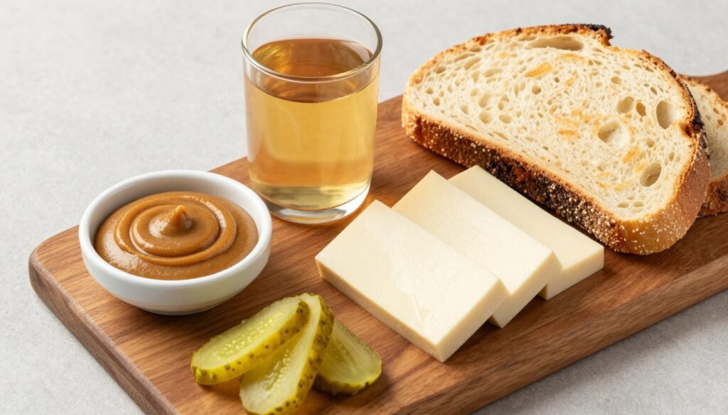 variety of fermented foods arranged together including miso, tempeh, and kombucha