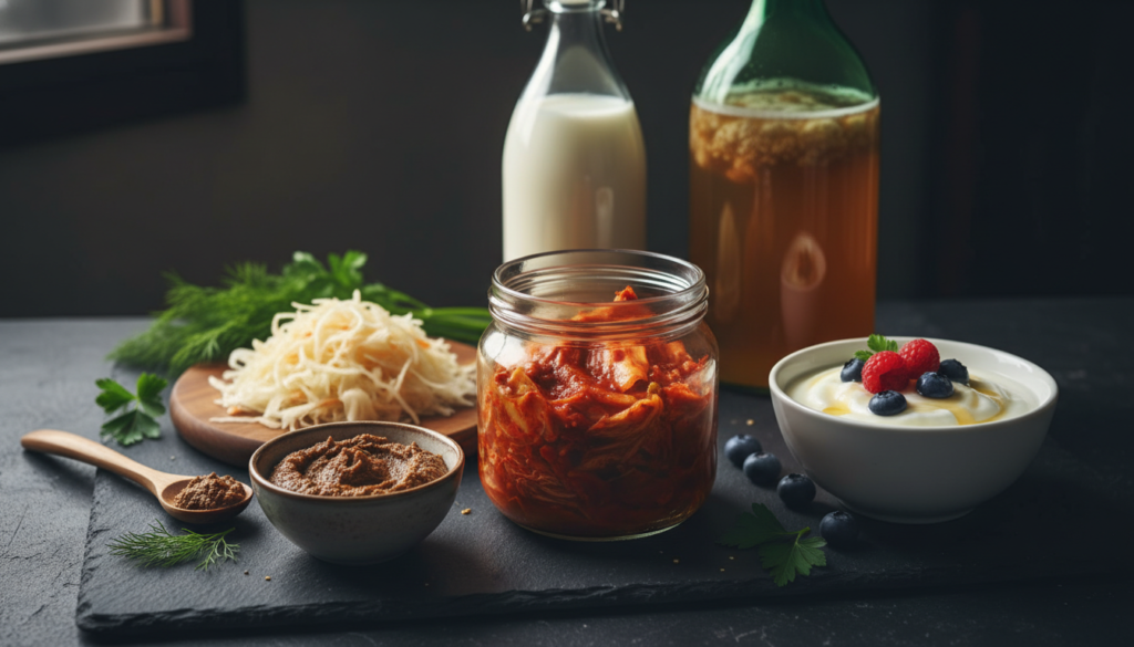 variety of fermented foods including kimchi, miso, and yogurt