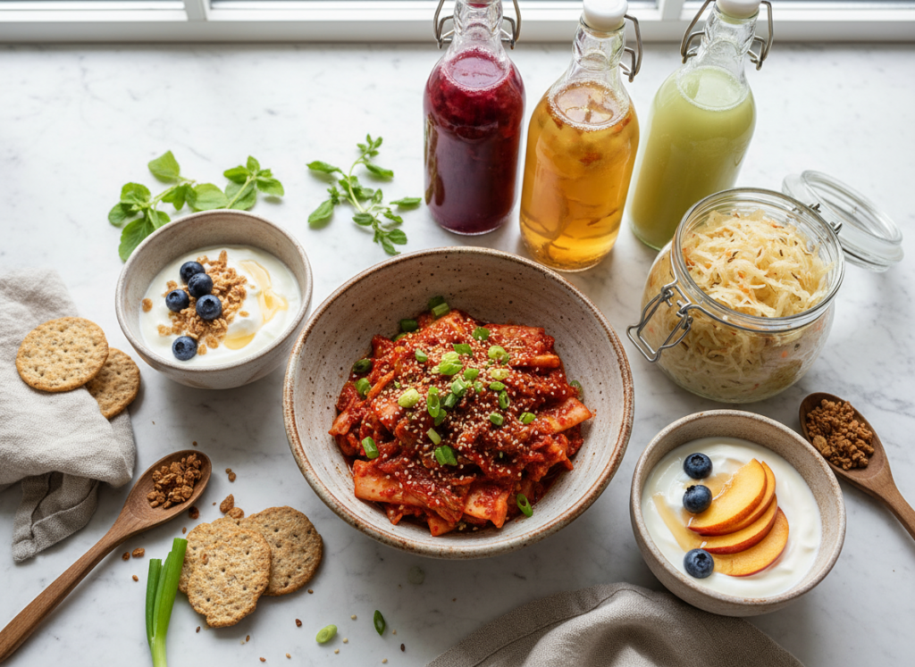 variety of fermented foods including kimchi, sauerkraut, kombucha, and yogurt in glass containers