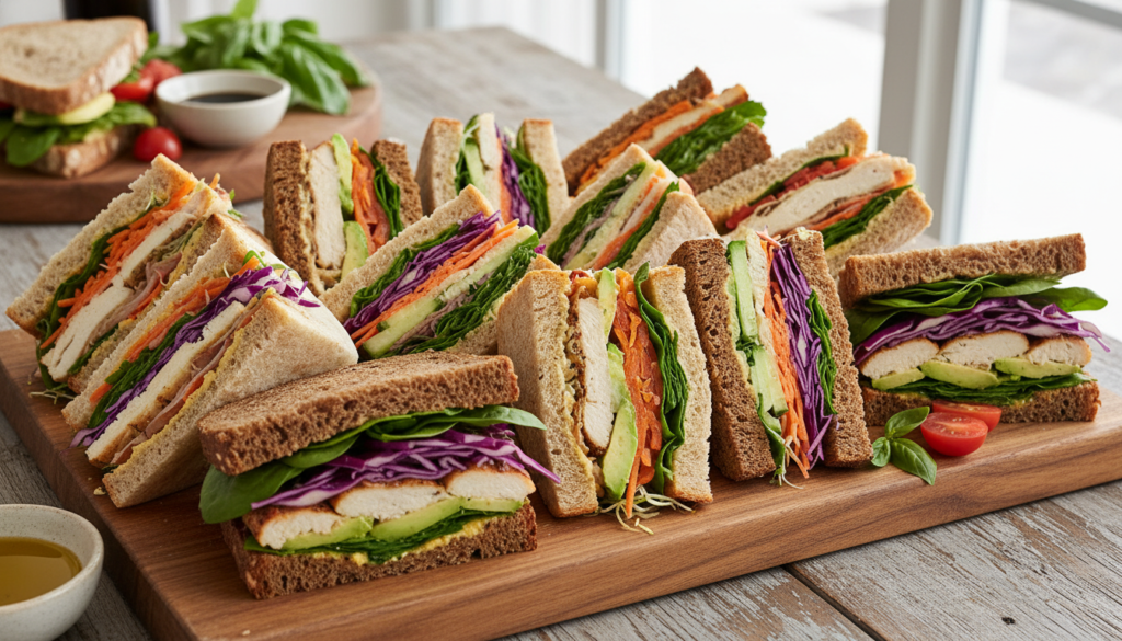 variety of healthy sandwiches and wraps cut and displayed