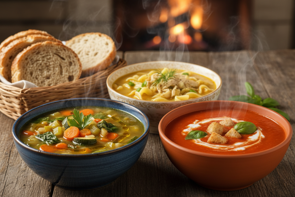 variety of healthy soups in bowls