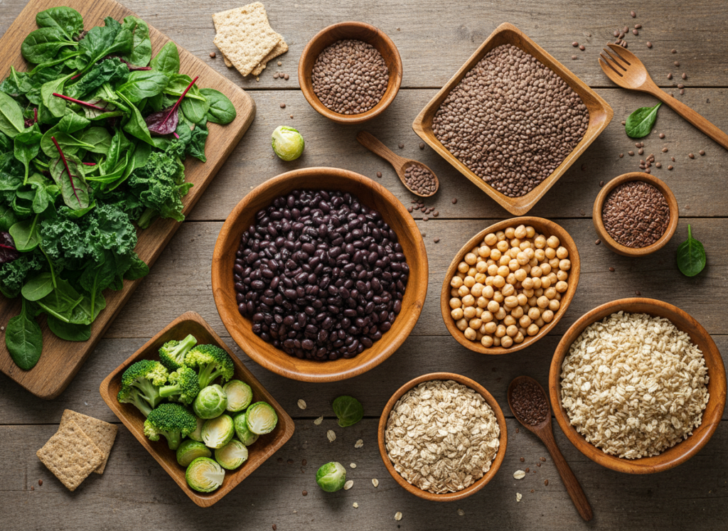 variety of high-fiber foods including beans, whole grains, vegetables and legumes displayed in wooden bowls variety of high-fiber foods including beans, whole grains, vegetables and legumes displayed in wooden bowls