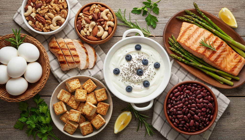 variety of high-protein foods on wooden table variety of high-protein foods on wooden table