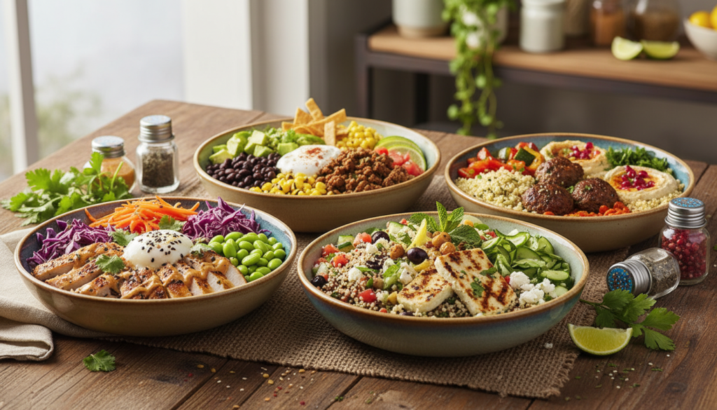 variety of international cuisine lunch bowls
