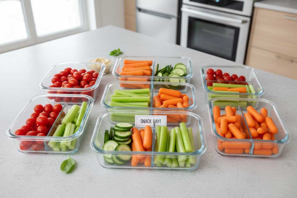 variety of low-calorie snacks portioned in containers
