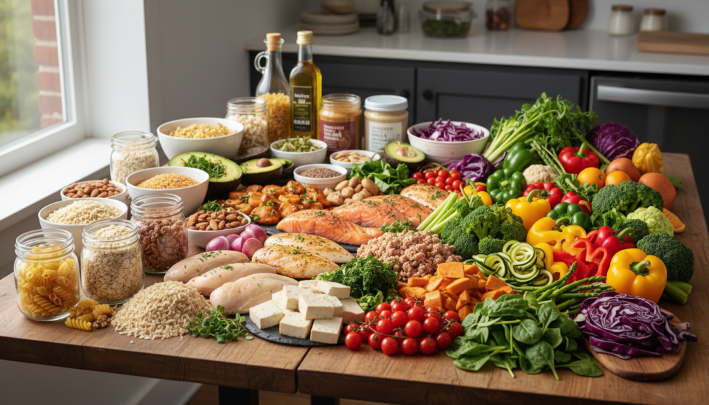 variety of meal prep friendly ingredients spread on counter