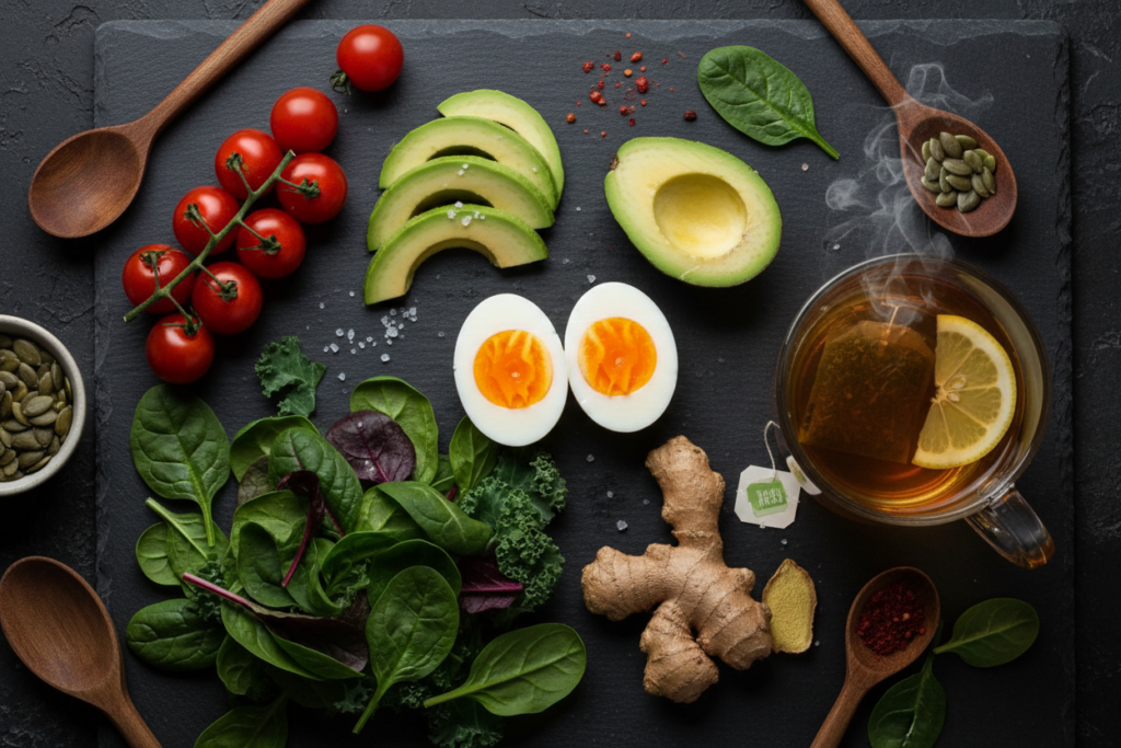 variety of metabolism boosting foods arranged for evening consumption