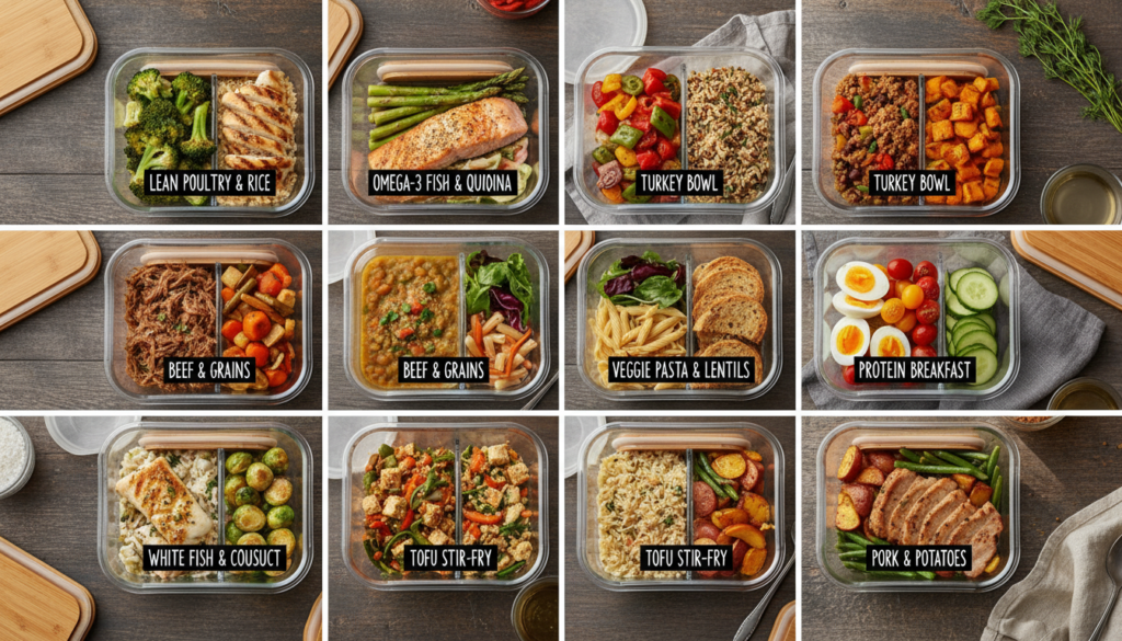 variety of prepped healthy meals in containers