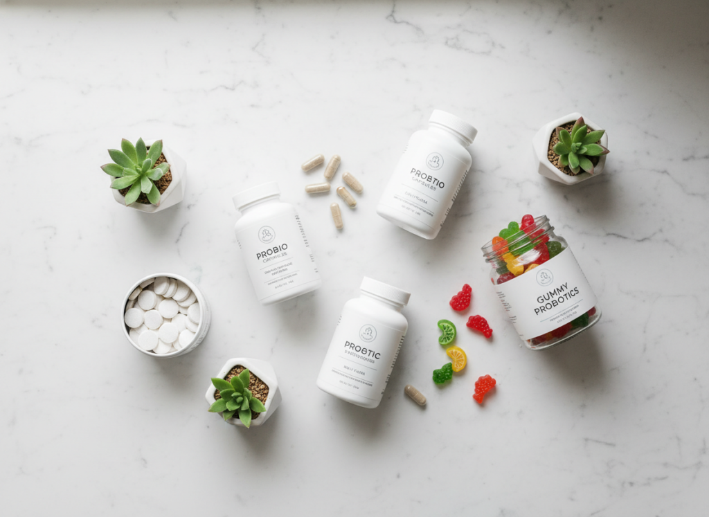 variety of probiotic supplements including capsules, gummies, and vitamins for health