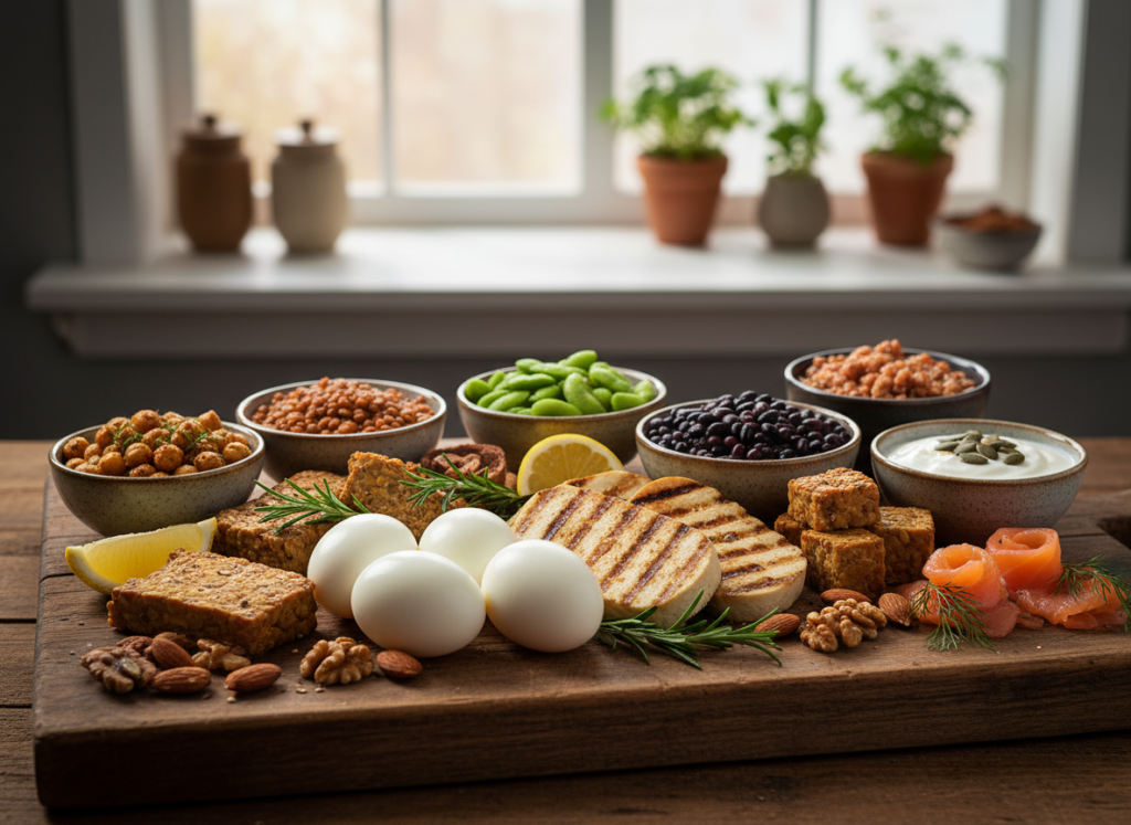 variety of protein sources including eggs, tofu, and legumes