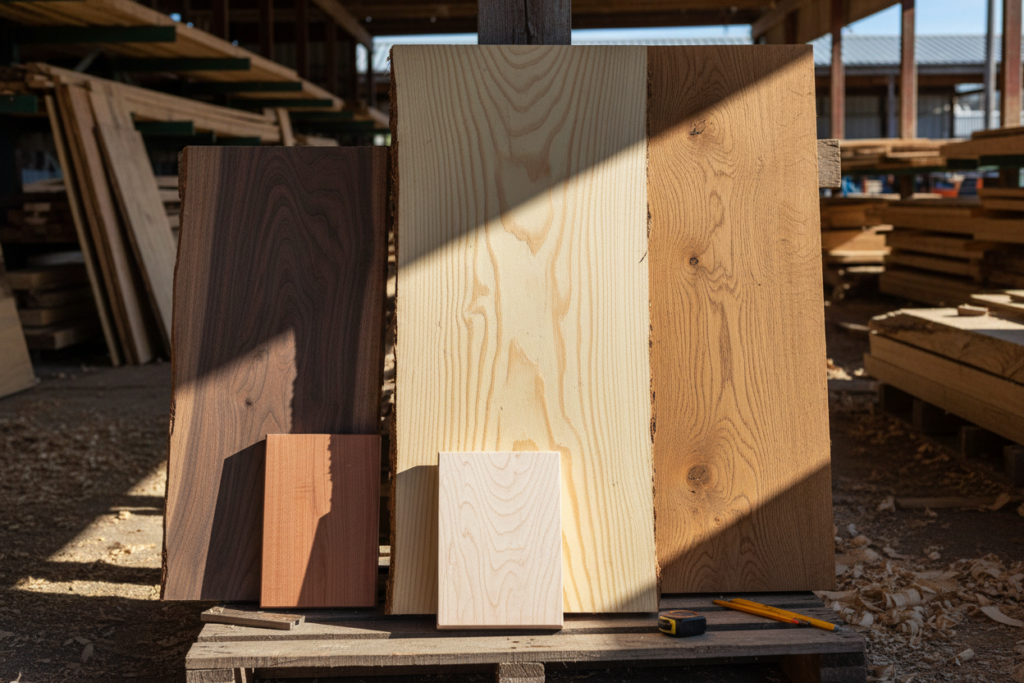 variety of wood types showing different grains and colors