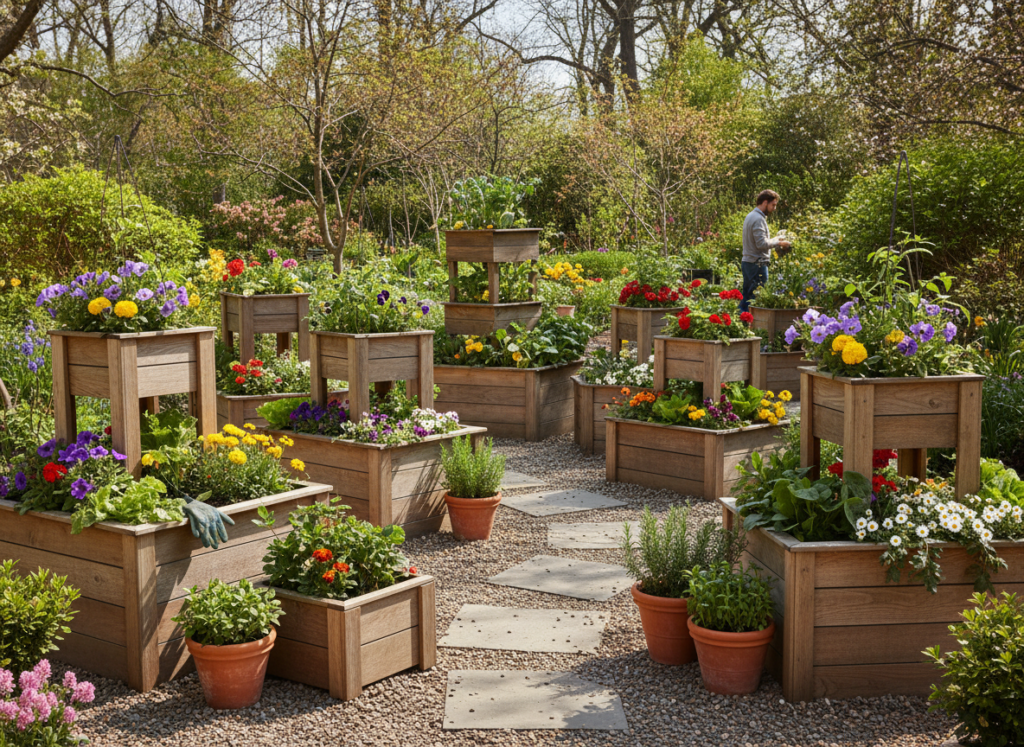 variety of wooden planter boxes in different sizes and styles in garden setting