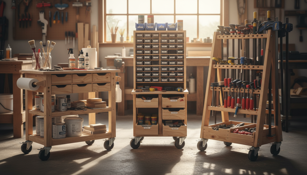 various DIY storage cart designs for different workshop purposes