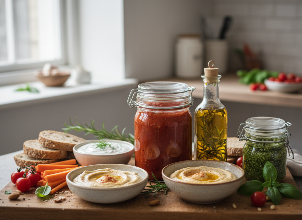 various homemade sauces and dressings in glass jars and containers various homemade sauces and dressings in glass jars and containers