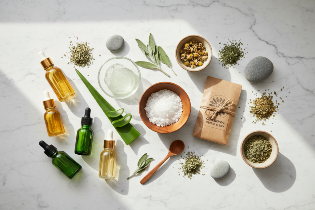 various natural gum healing remedies arranged together