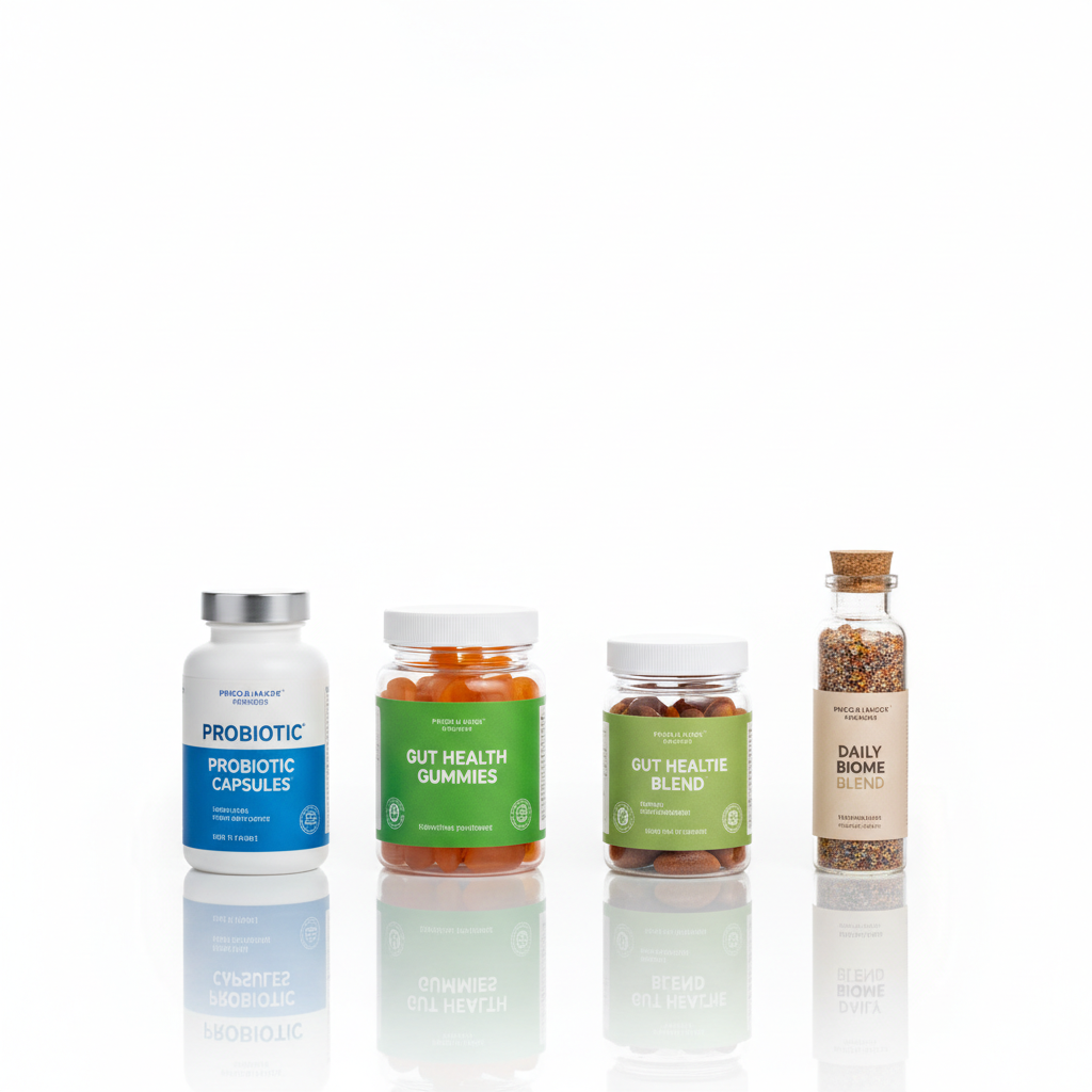 various probiotic supplement items showing capsules, gummies, and vitamins for digestive health