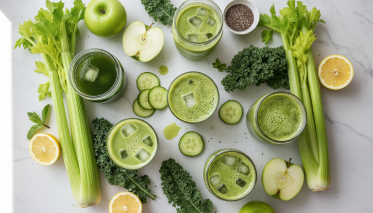 vibrant green juice recipes for gut health in glass containers