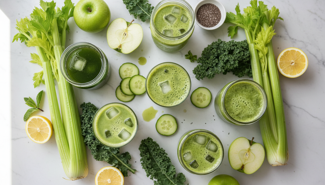 vibrant green juice recipes for gut health in glass containers