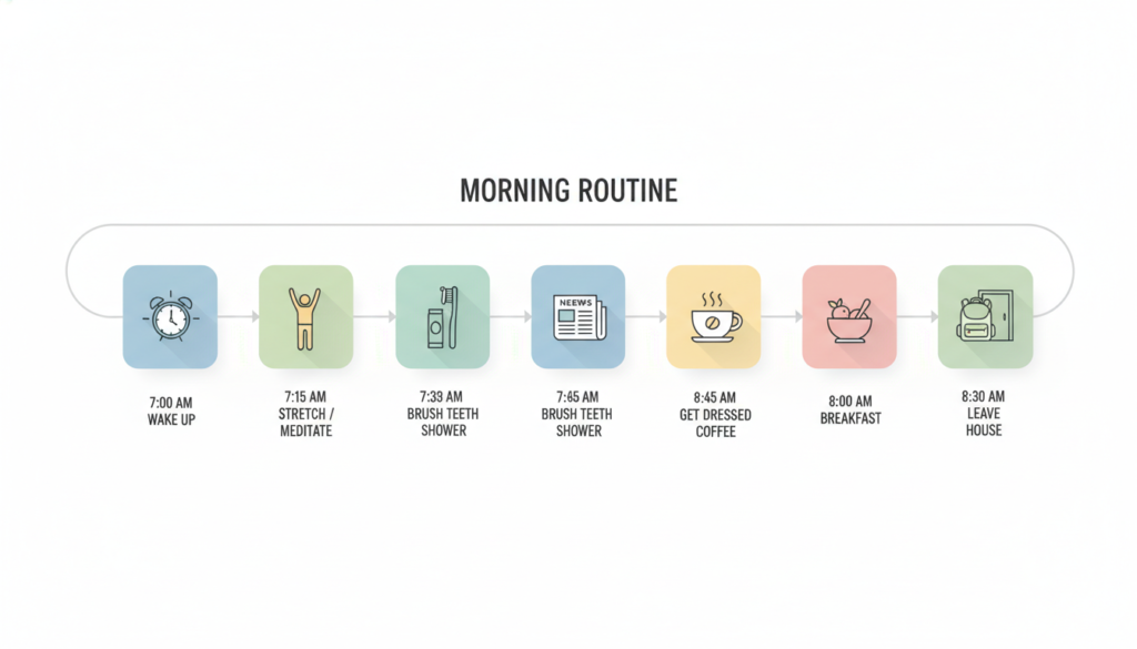 visual timeline of morning routine steps from wake up to breakfast