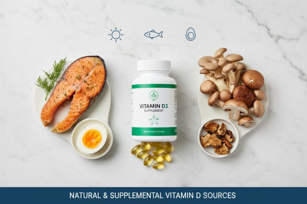 vitamin D supplement capsules and natural sources like fish