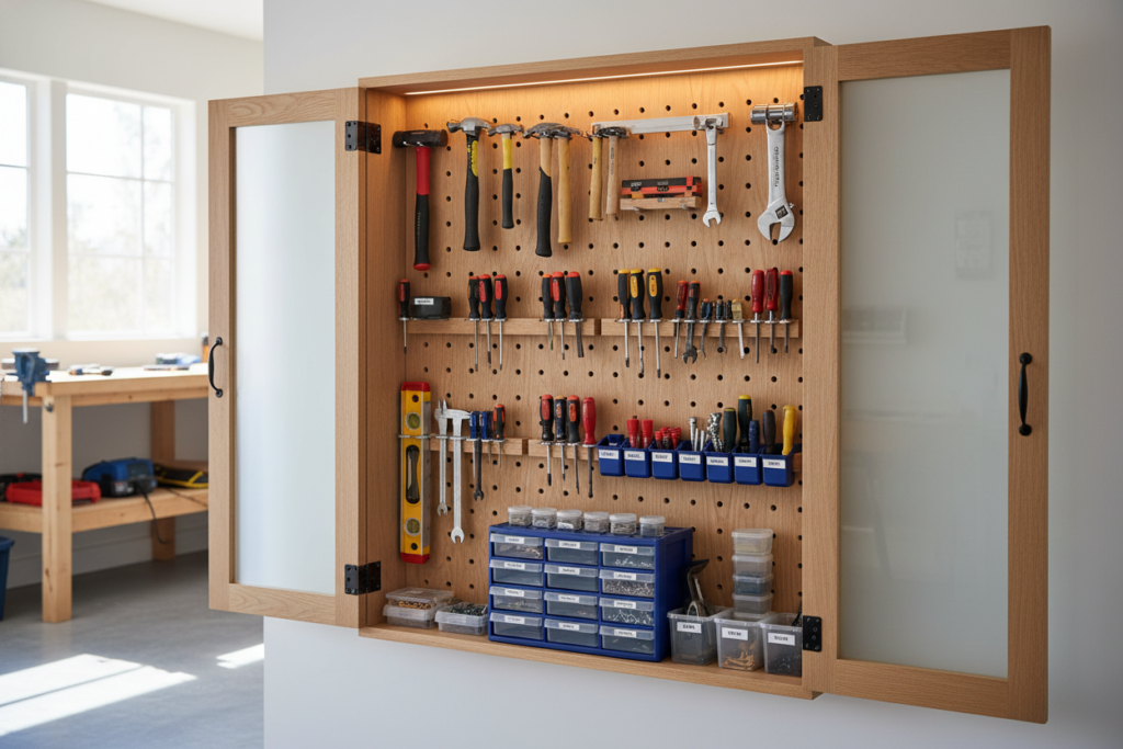 wall mounted tool storage cabinet with organized tools