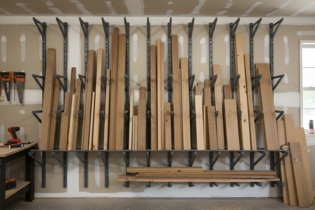 wall mounted vertical lumber storage rack holding various wood boards
