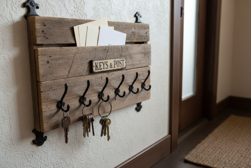 wall-mounted wooden key holder with hooks and mail slot by front door