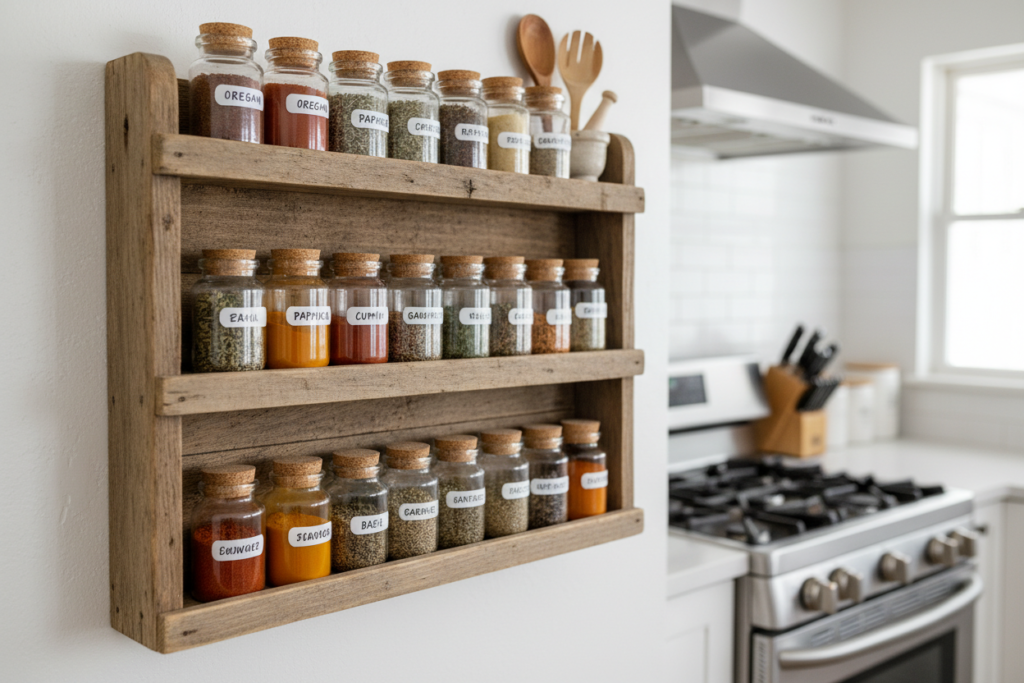 wall-mounted wooden spice rack holding organized spice jars in kitchen