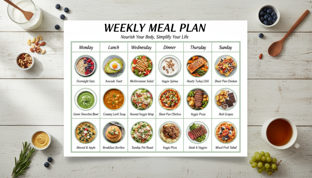 week meal plan chart with breakfast lunch dinner and snack options