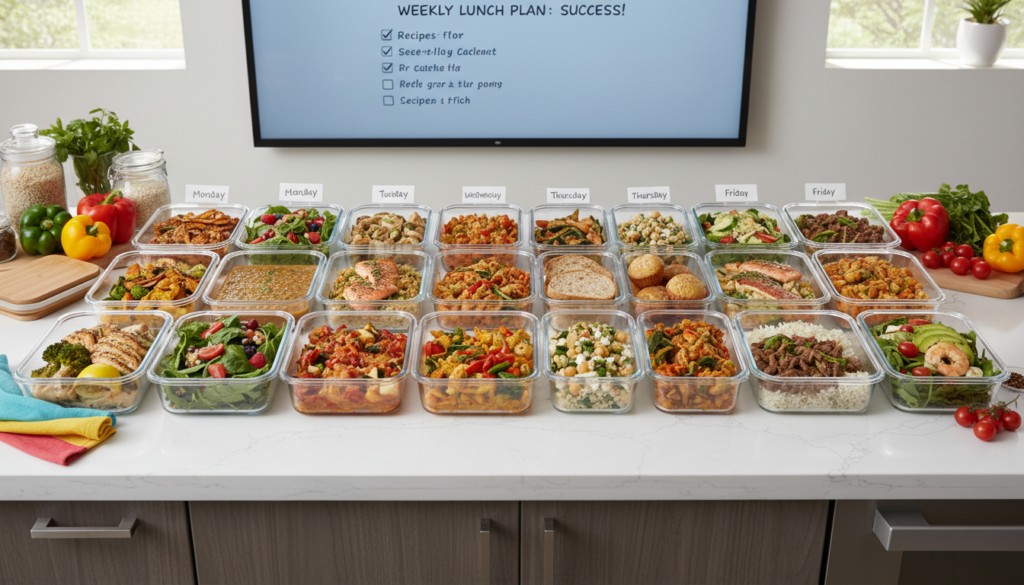 weekly lunch meal prep spread completed