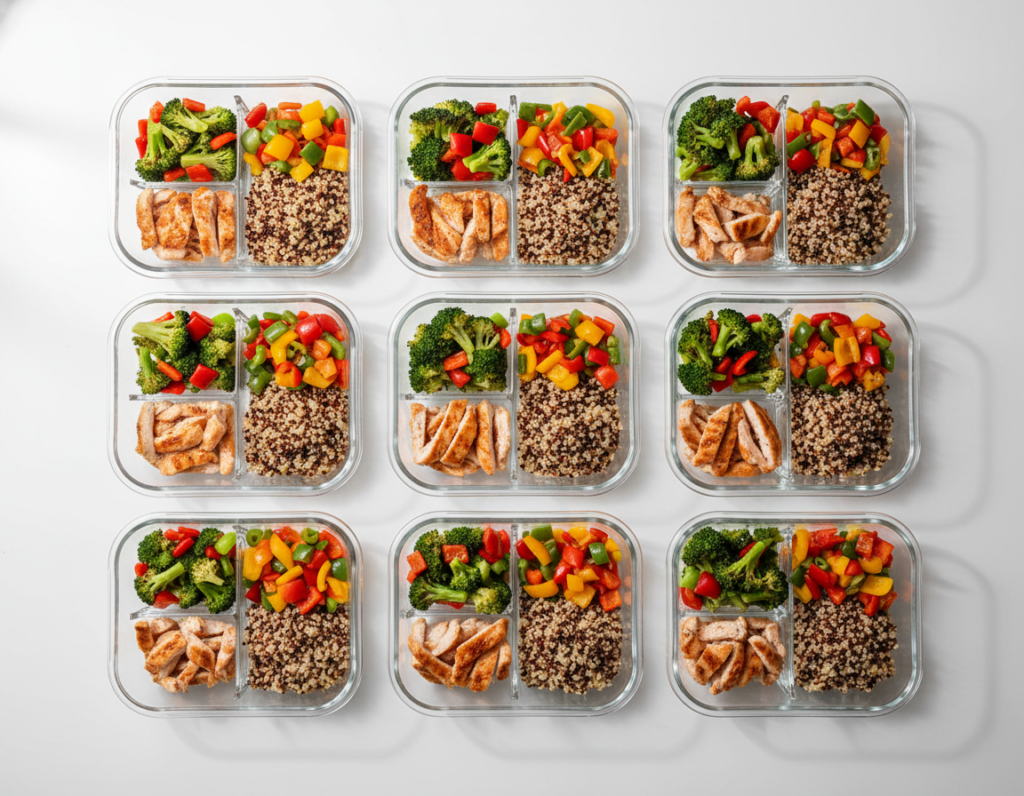 weekly meal prep containers with balanced healthy meals for weight loss plan