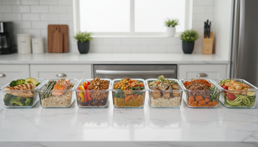 weekly meal prep containers with balanced meals for weight gain