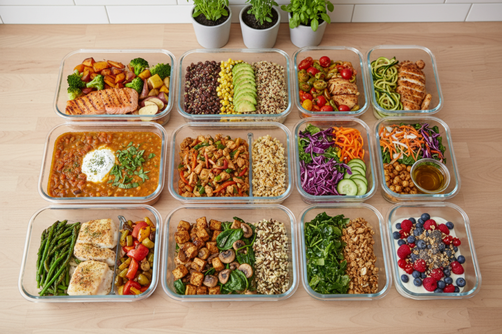 weekly meal prep containers with gut-healthy meals
