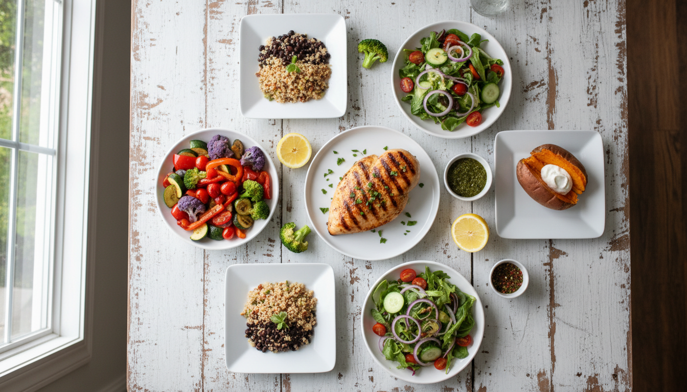 weight watchers recipes dinner spread with colorful vegetables and lean proteins