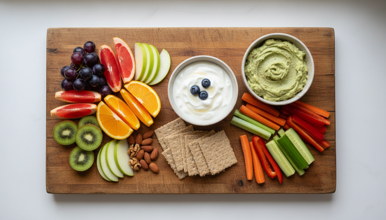 weight watchers snacks arranged on wooden board