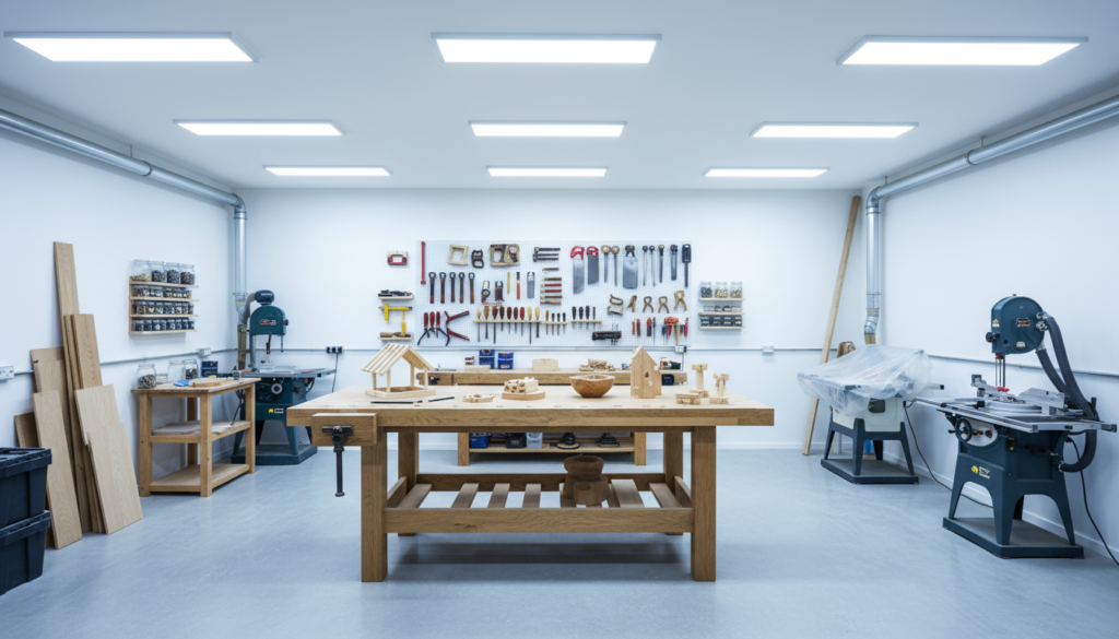 well-lit workshop with bright overhead lights illuminating workbench