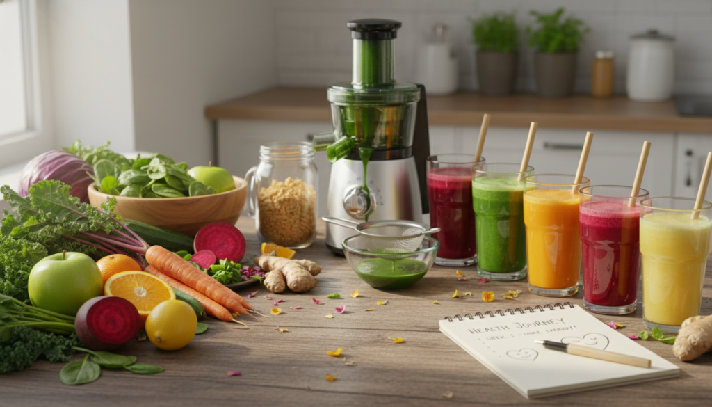 wellness journey concept with fresh juices and healthy lifestyle elements wellness journey concept with fresh juices and healthy lifestyle elements