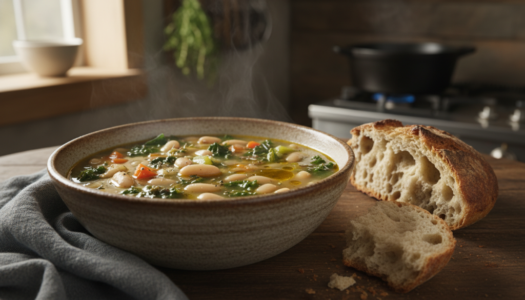 white bean and vegetable soup in rustic bowl white bean and vegetable soup in rustic bowl