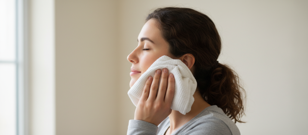 woman applying cold compress to face for gum pain relief