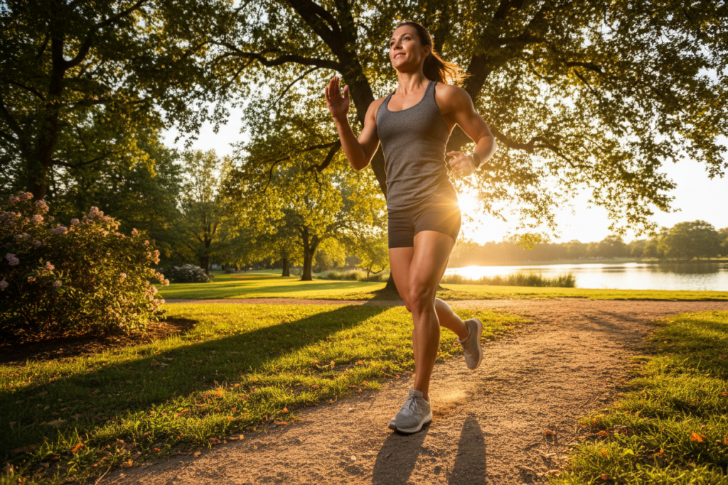 woman doing aerobic exercise outdoors in park setting
